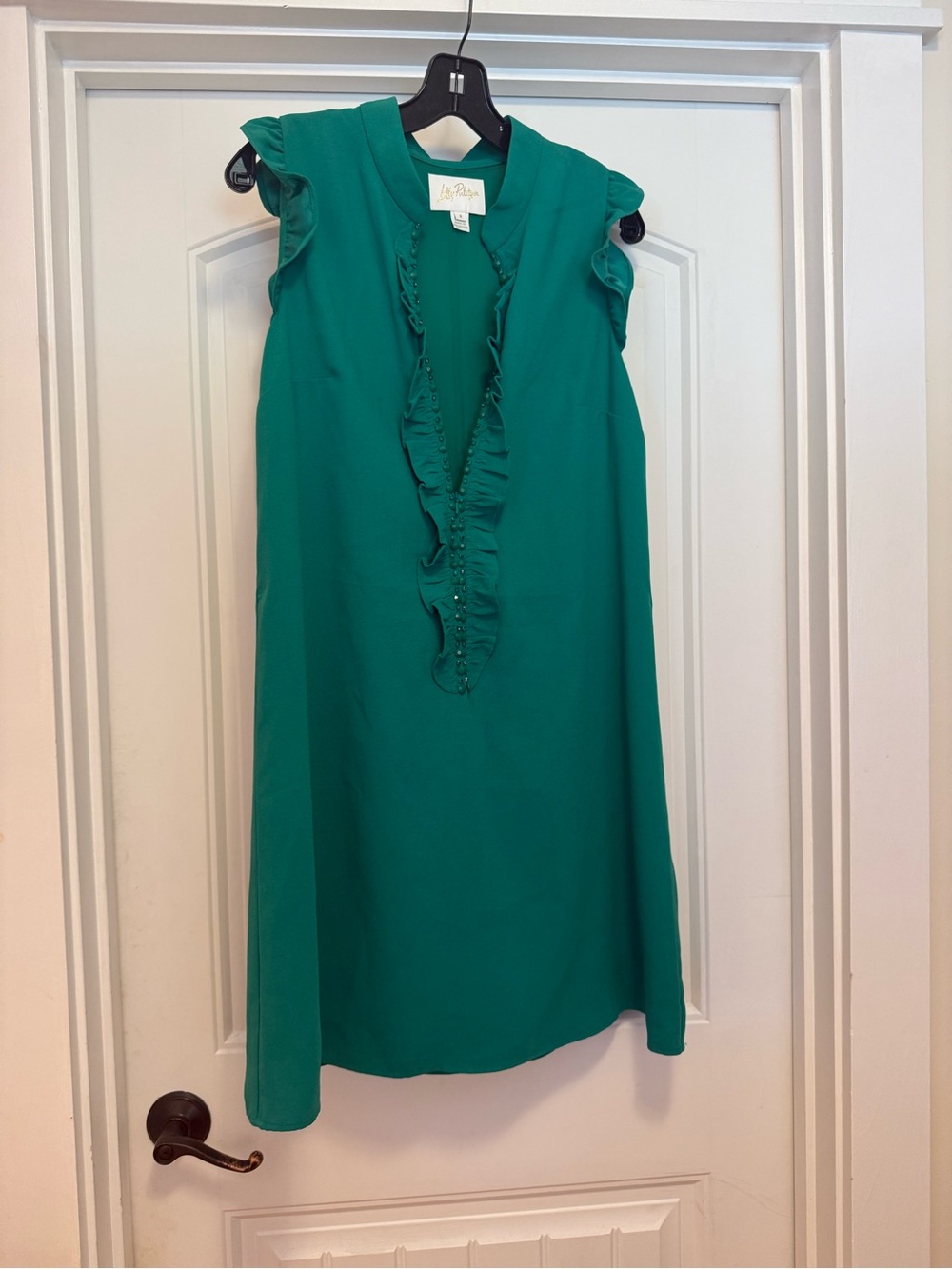 Lilly Pulitzer Dress — Emerald Green Ruffle V-Neck Shift Dress-NWOT